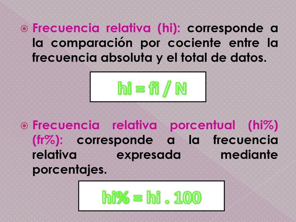 Frecuencia relativa (hi): corresponde a la comparación por cociente entre la frecuencia absoluta y el total de datos.