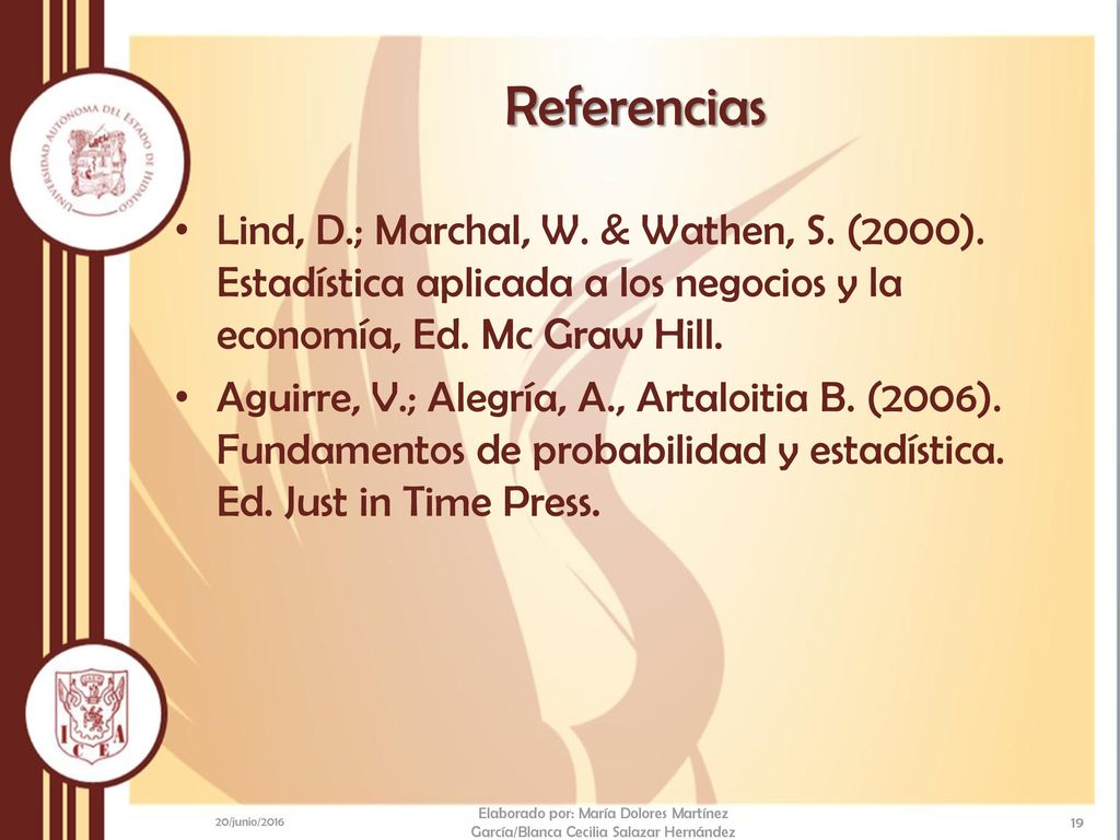 Referencias Lind, D.; Marchal, W. & Wathen, S. (2000). Estadística aplicada a los negocios y la economía, Ed. Mc Graw Hill.