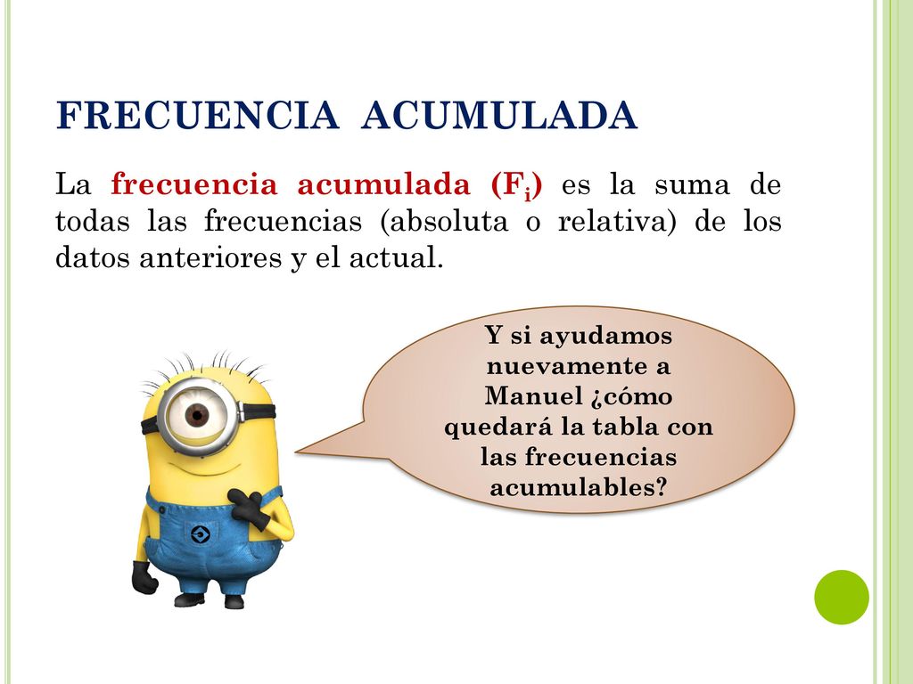 FRECUENCIA ACUMULADA La frecuencia acumulada (Fi) es la suma de todas las frecuencias (absoluta o relativa) de los datos anteriores y el actual.