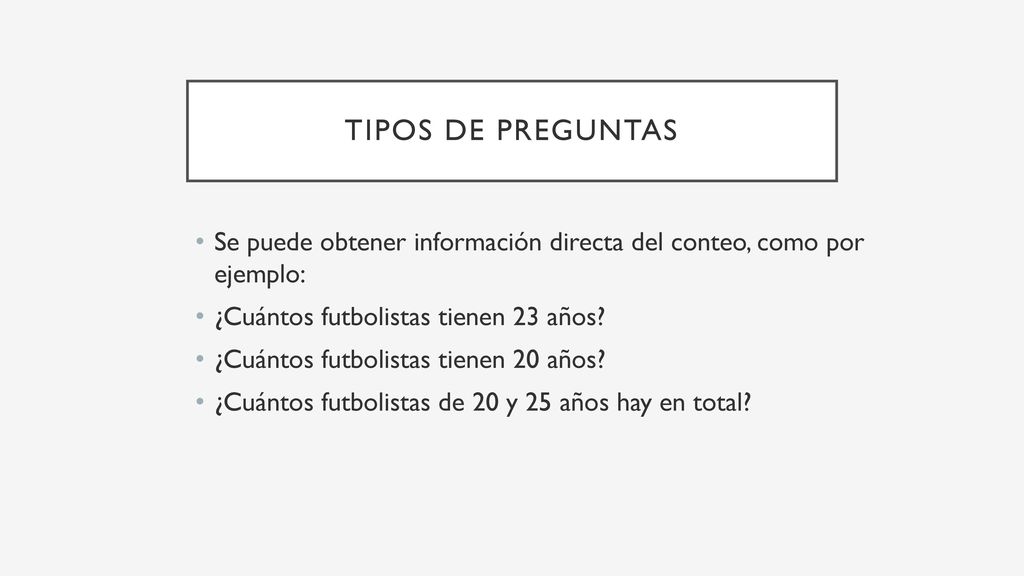 Tipos de preguntas Se puede obtener información directa del conteo, como por ejemplo: ¿Cuántos futbolistas tienen 23 años