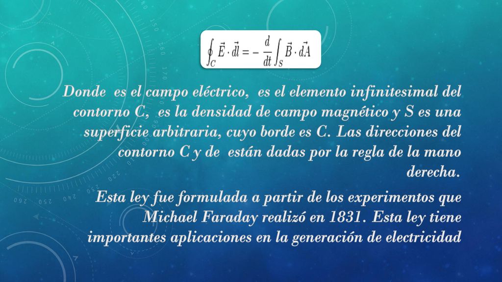 Donde es el campo eléctrico, es el elemento infinitesimal del contorno C, es la densidad de campo magnético y S es una superficie arbitraria, cuyo borde es C. Las direcciones del contorno C y de están dadas por la regla de la mano derecha.