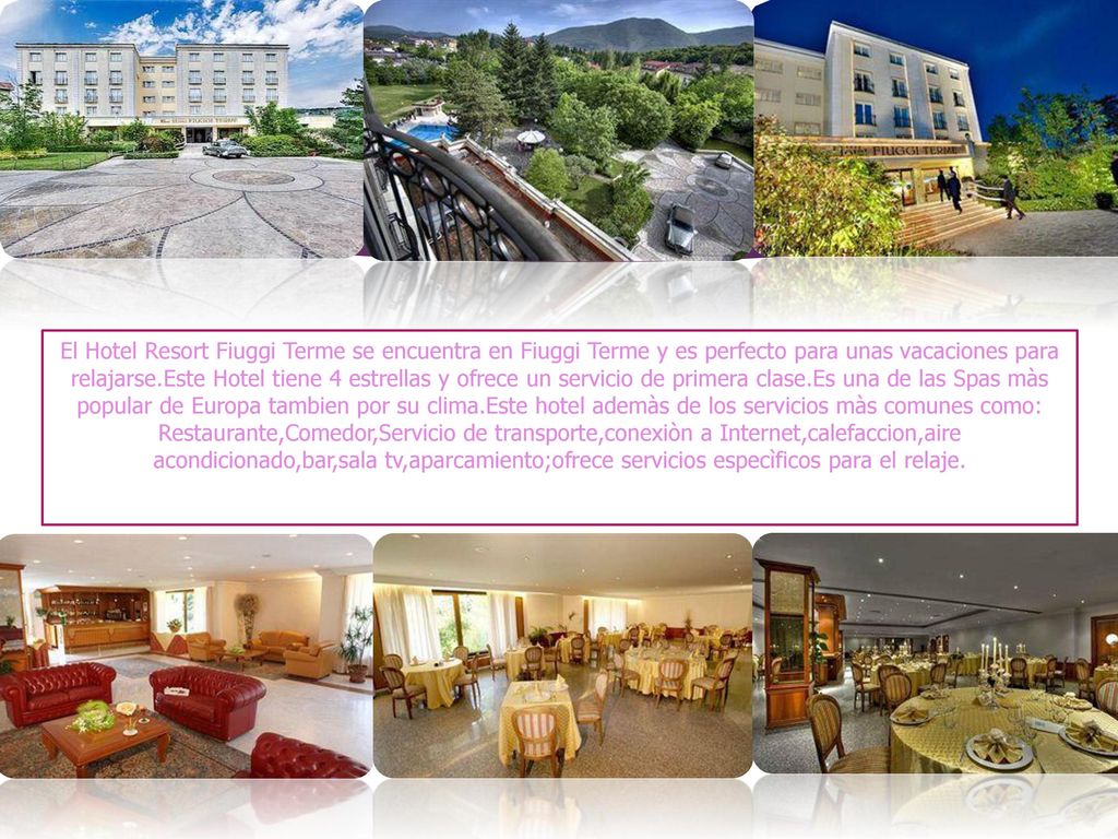 El Hotel Resort Fiuggi Terme se encuentra en Fiuggi Terme y es perfecto para unas vacaciones para relajarse.Este Hotel tiene 4 estrellas y ofrece un servicio de primera clase.Es una de las Spas màs popular de Europa tambien por su clima.Este hotel ademàs de los servicios màs comunes como: Restaurante,Comedor,Servicio de transporte,conexiòn a Internet,calefaccion,aire acondicionado,bar,sala tv,aparcamiento;ofrece servicios especìficos para el relaje.
