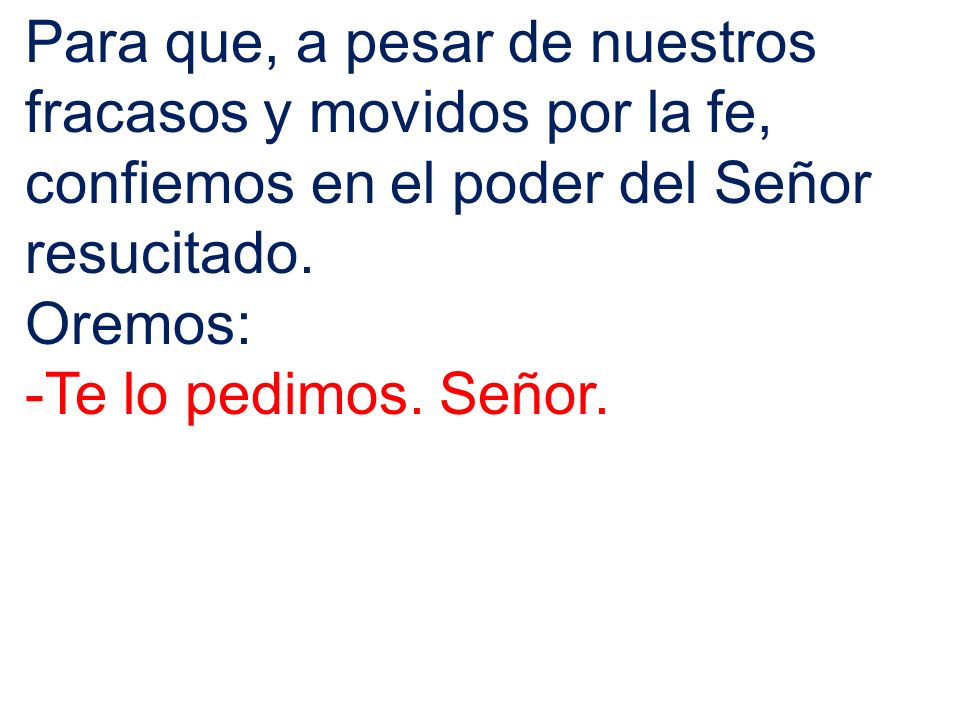 Para que, a pesar de nuestros fracasos y movidos por la fe, confiemos en el poder del Señor resucitado.