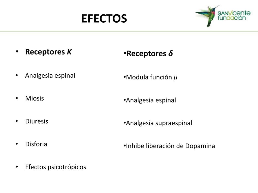EFECTOS Receptores Κ Receptores δ Analgesia espinal Modula función µ
