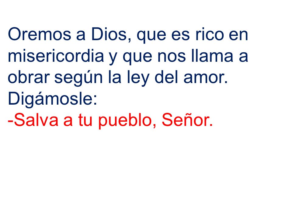 Oremos a Dios, que es rico en misericordia y que nos llama a obrar según la ley del amor. Digámosle: