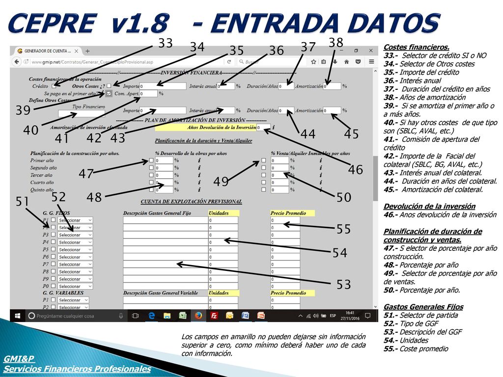CEPRE v1.8 - ENTRADA DATOS Costes financieros Selector de crédito SI o NO.