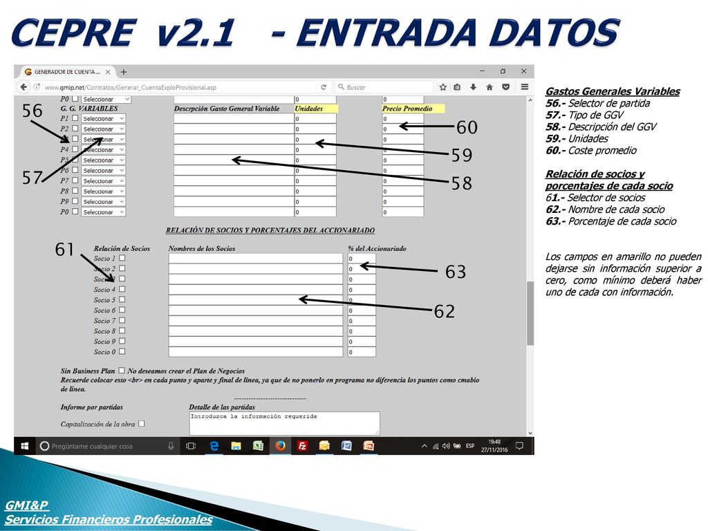 CEPRE v2.1 - ENTRADA DATOS Gastos Generales Variables Selector de partida Tipo de GGV.