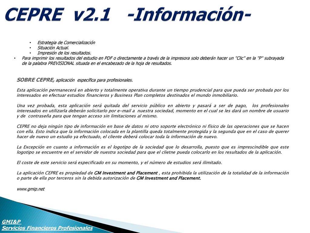 CEPRE v2.1 -Información- Estrategia de Comercialización. Situación Actual. Impresión de los resultados.