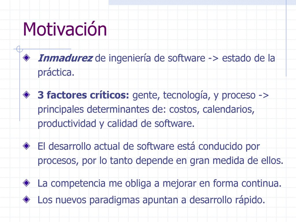 Motivación Inmadurez de ingeniería de software -> estado de la práctica.