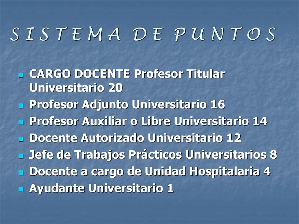 S I S T E M A D E P U N T O S CARGO DOCENTE Profesor Titular Universitario 20. Profesor Adjunto Universitario 16.