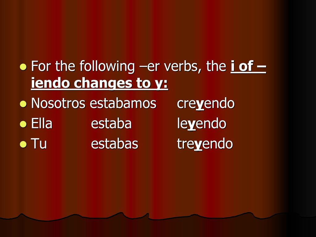 For the following –er verbs, the i of –iendo changes to y:
