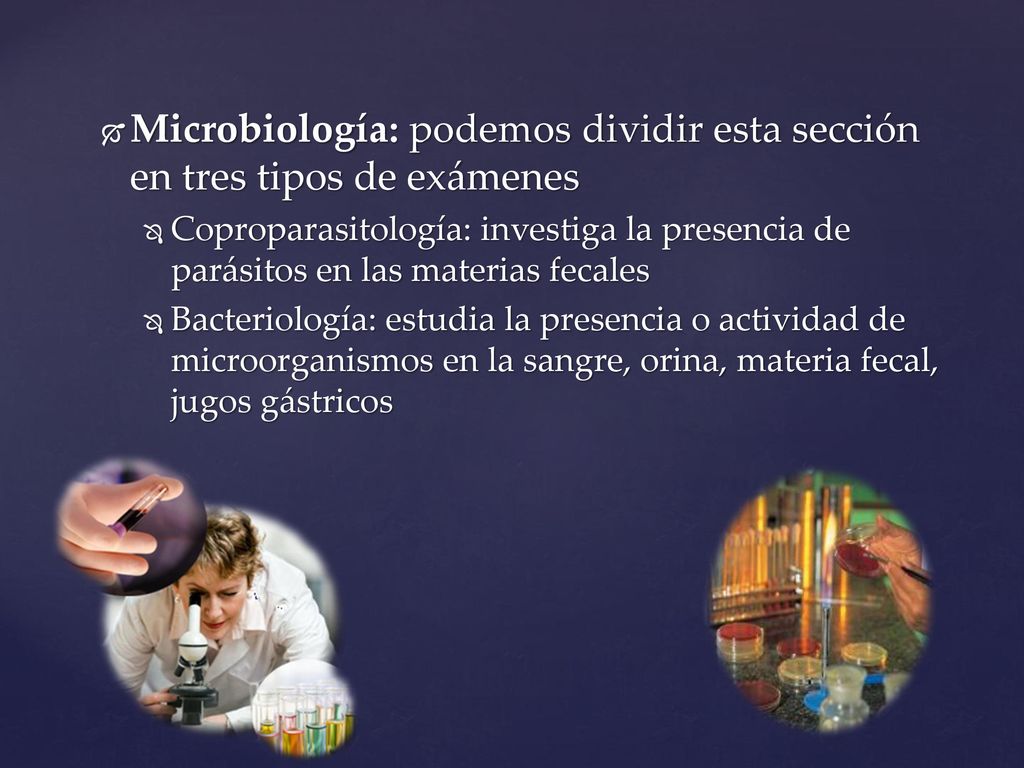 Microbiología: podemos dividir esta sección en tres tipos de exámenes