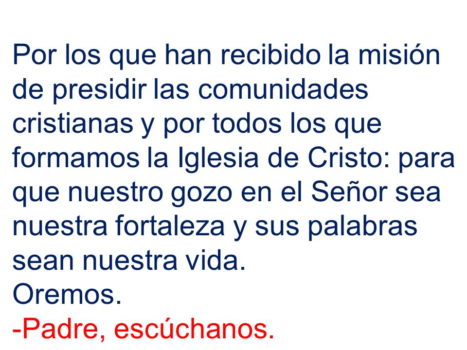 Por los que han recibido la misión de presidir las comunidades cristianas y por todos los que formamos la Iglesia de Cristo: para que nuestro gozo en el Señor sea nuestra fortaleza y sus palabras sean nuestra vida.