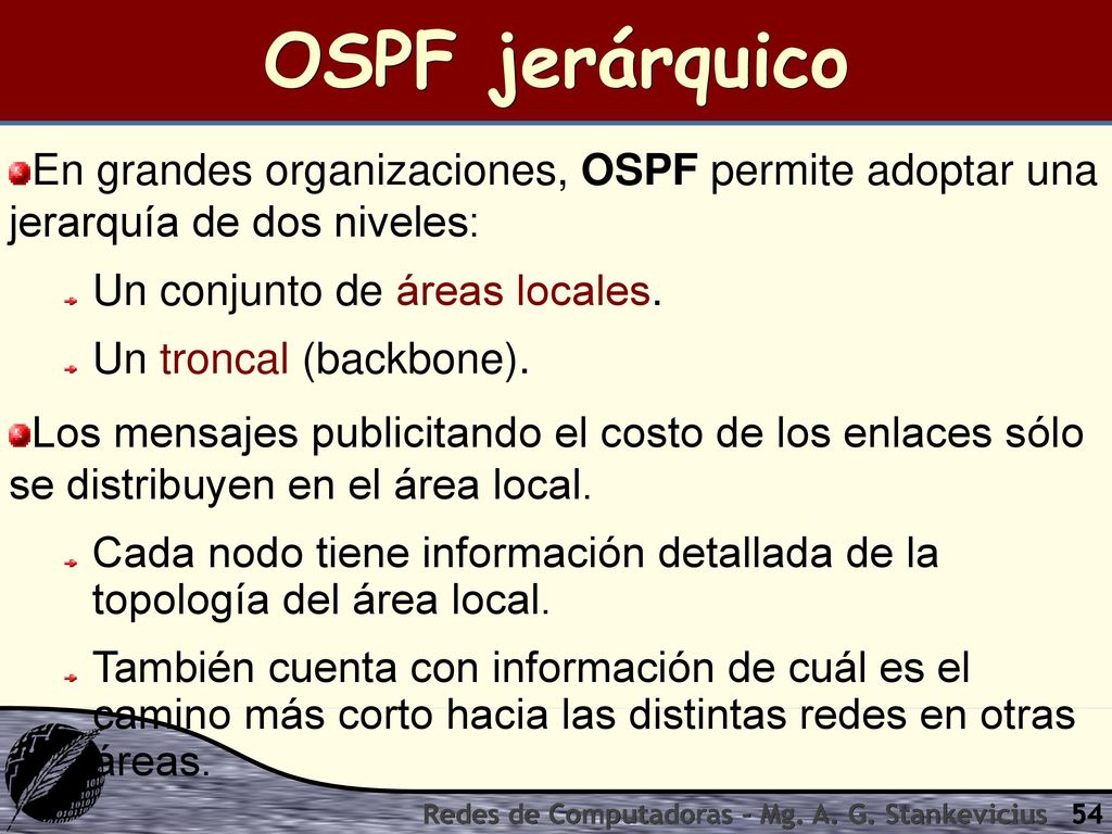 OSPF jerárquico En grandes organizaciones, OSPF permite adoptar una jerarquía de dos niveles: Un conjunto de áreas locales.