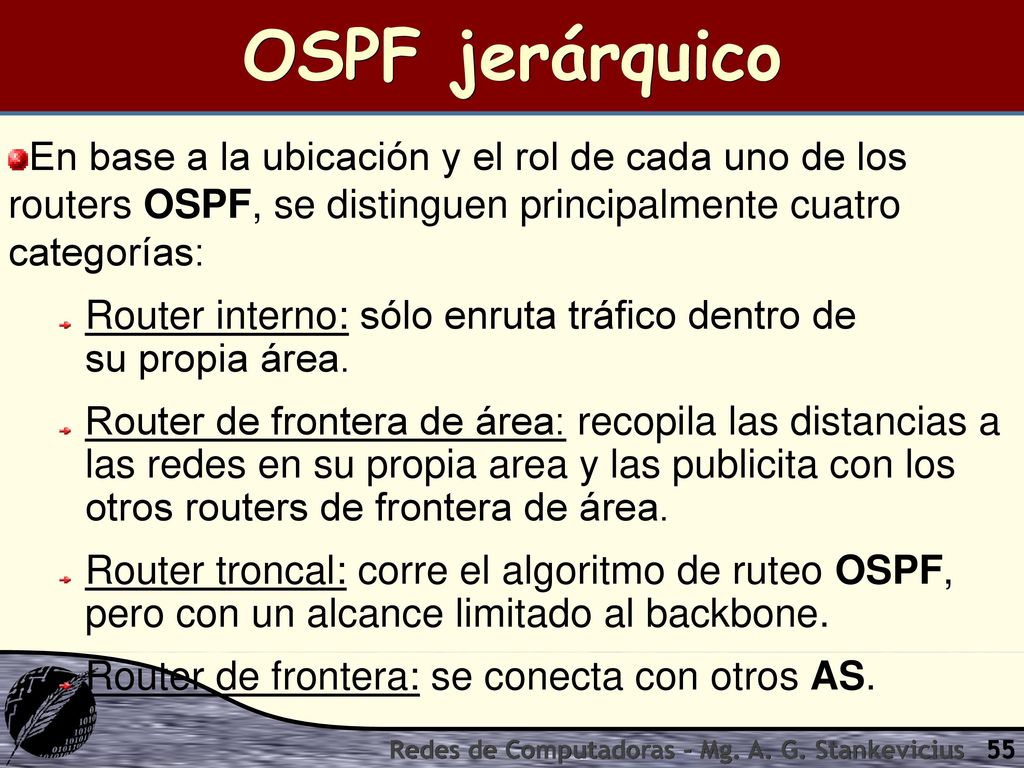 OSPF jerárquico En base a la ubicación y el rol de cada uno de los routers OSPF, se distinguen principalmente cuatro categorías: