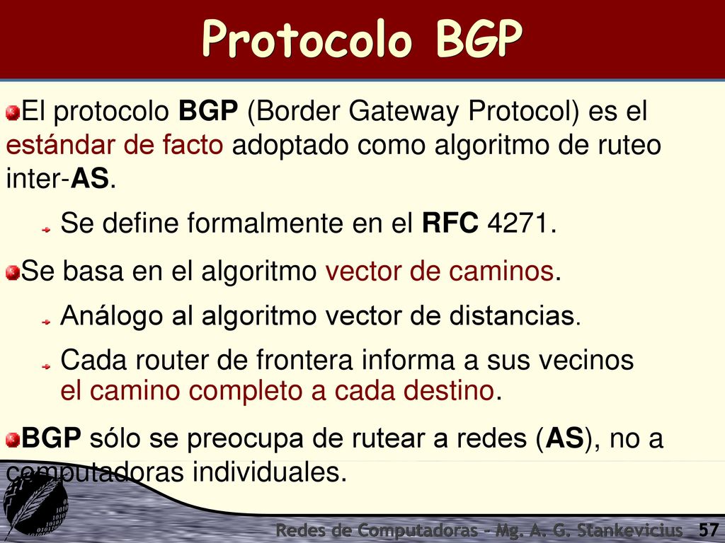 Protocolo BGP El protocolo BGP (Border Gateway Protocol) es el estándar de facto adoptado como algoritmo de ruteo inter-AS.