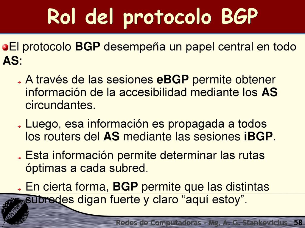 Rol del protocolo BGP El protocolo BGP desempeña un papel central en todo AS: