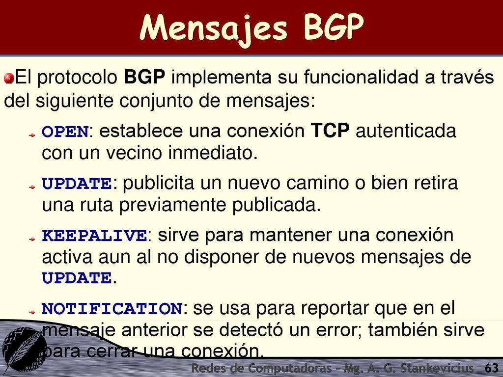 Mensajes BGP El protocolo BGP implementa su funcionalidad a través del siguiente conjunto de mensajes: