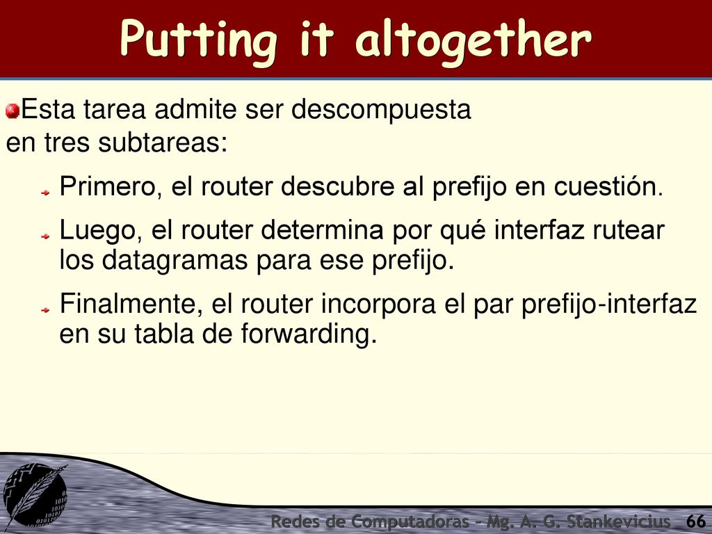 Putting it altogether Esta tarea admite ser descompuesta en tres subtareas: Primero, el router descubre al prefijo en cuestión.