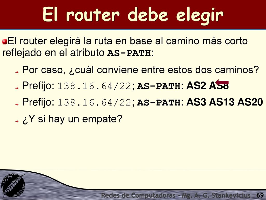 El router debe elegir El router elegirá la ruta en base al camino más corto reflejado en el atributo AS-PATH: