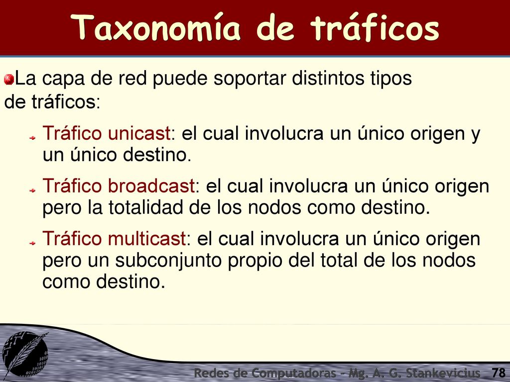 Taxonomía de tráficos La capa de red puede soportar distintos tipos de tráficos: