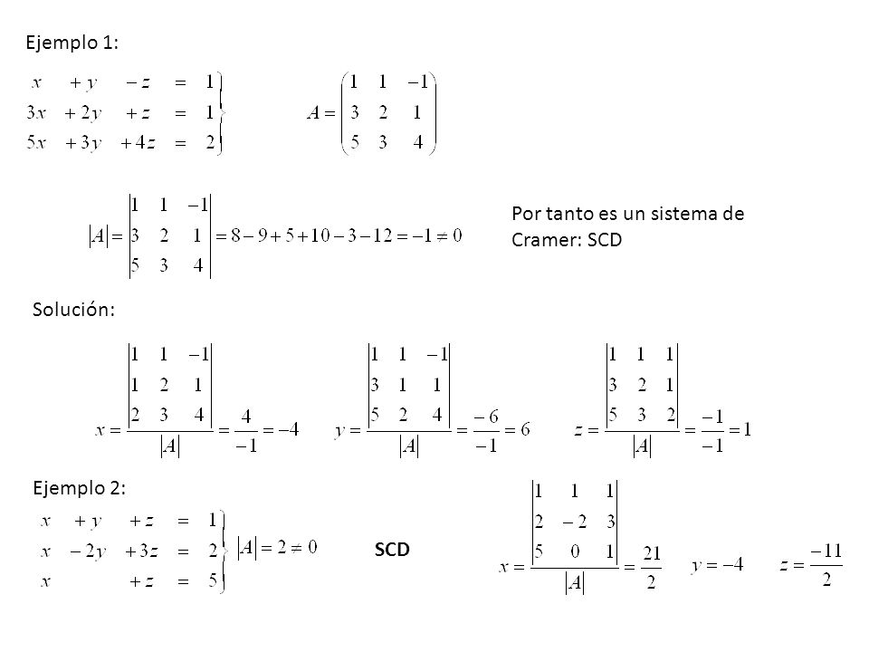 Ejemplo 1: Por tanto es un sistema de Cramer: SCD Solución: Ejemplo 2: SCD
