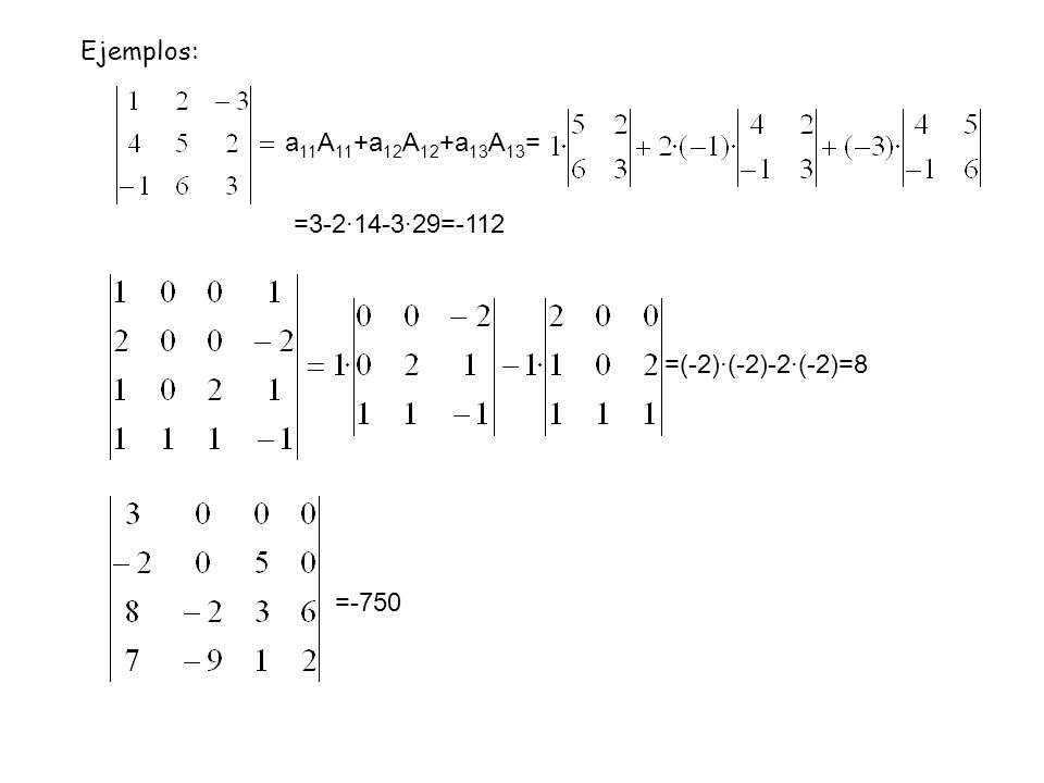 Ejemplos: a11A11+a12A12+a13A13= =3-2·14-3·29=-112 =(-2)·(-2)-2·(-2)=8 =-750