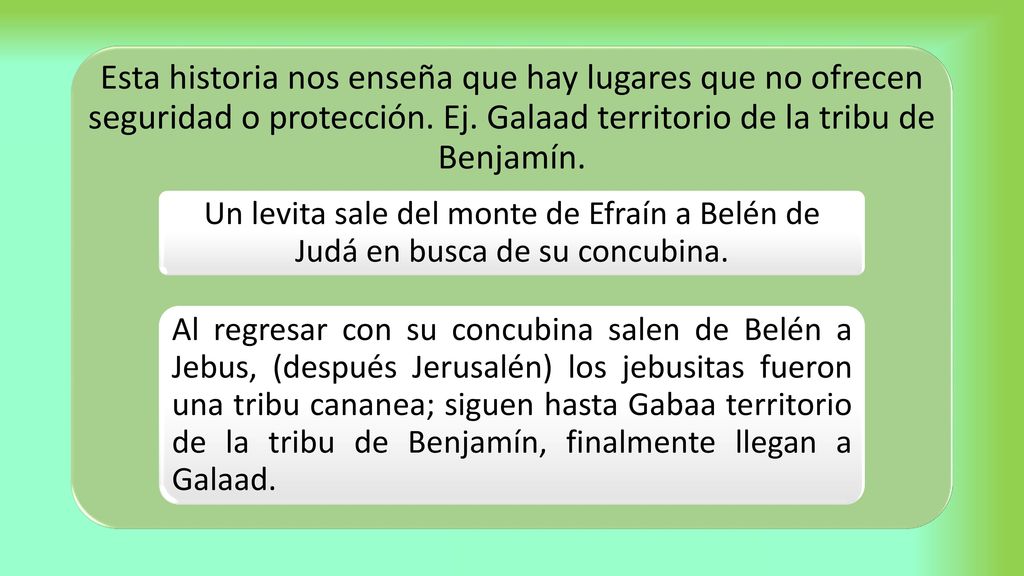 Esta historia nos enseña que hay lugares que no ofrecen seguridad o protección. Ej. Galaad territorio de la tribu de Benjamín.