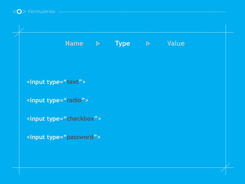 Name Type Value <input type= text > <input type= radio >