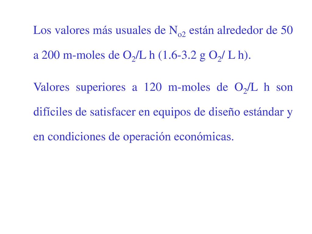 Los valores más usuales de No2 están alrededor de 50 a 200 m-moles de O2/L h ( g O2/ L h).