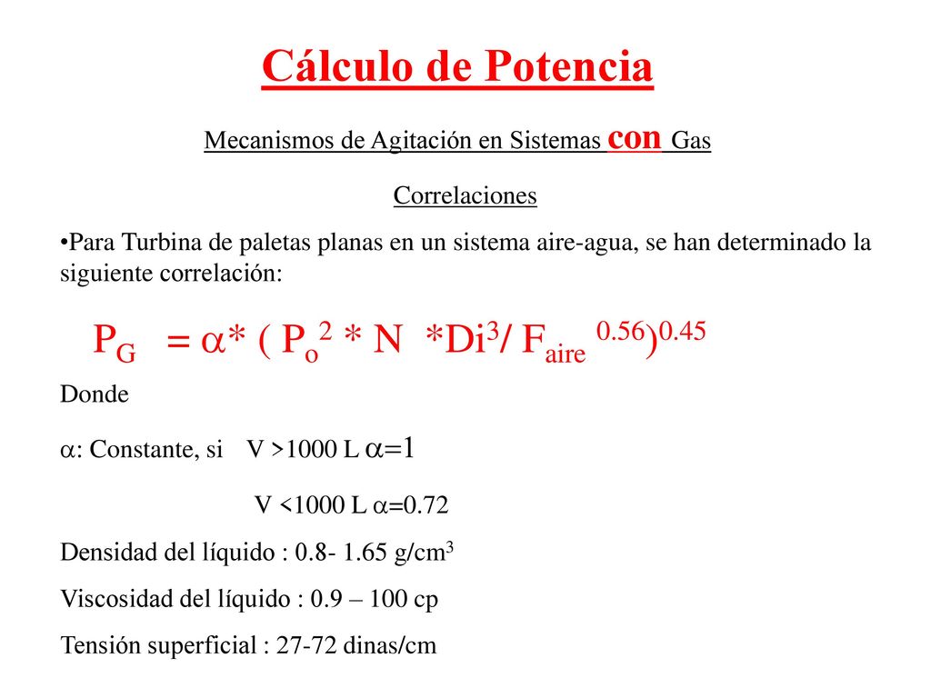 Cálculo de Potencia PG = a* ( Po2 * N *Di3/ Faire 0.56)0.45