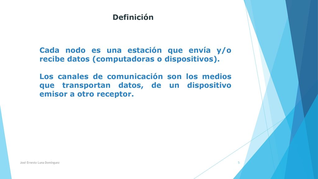Definición Cada nodo es una estación que envía y/o recibe datos (computadoras o dispositivos).