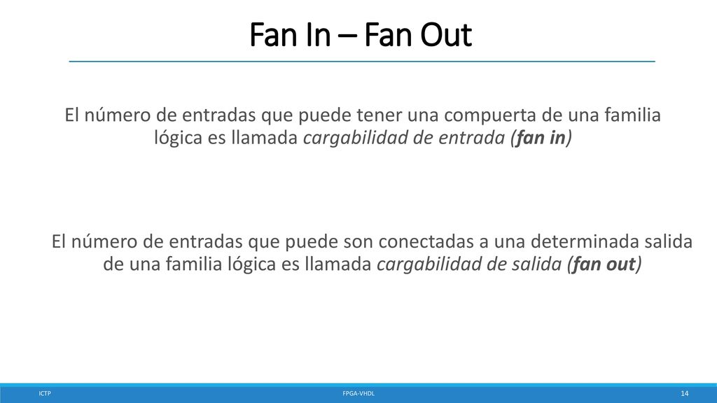 Fan In – Fan Out El número de entradas que puede tener una compuerta de una familia lógica es llamada cargabilidad de entrada (fan in)