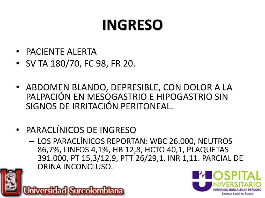 INGRESO PACIENTE ALERTA SV TA 180/70, FC 98, FR 20.