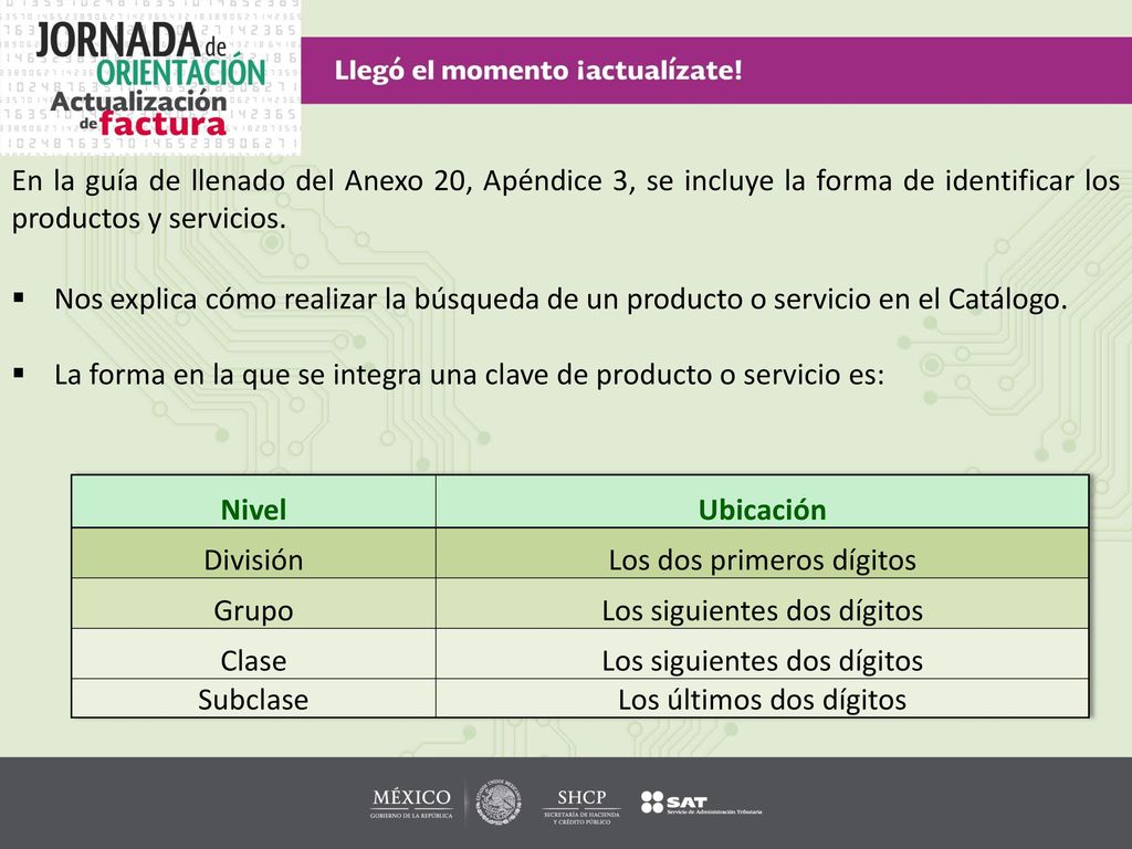 La forma en la que se integra una clave de producto o servicio es: