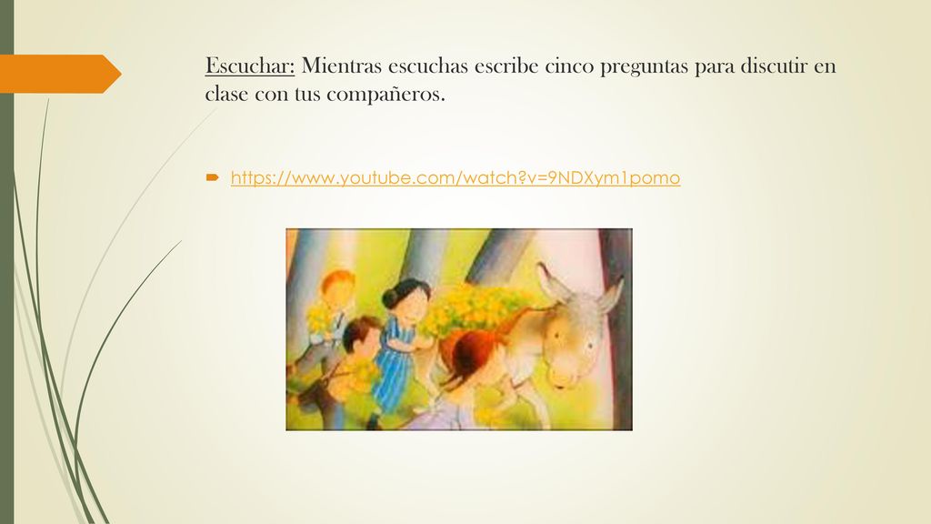 Escuchar: Mientras escuchas escribe cinco preguntas para discutir en clase con tus compañeros.
