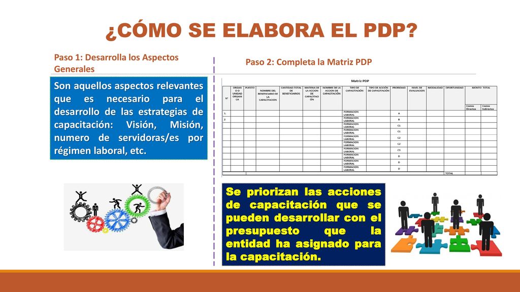¿CÓMO SE ELABORA EL PDP Paso 1: Desarrolla los Aspectos Generales. Paso 2: Completa la Matriz PDP.