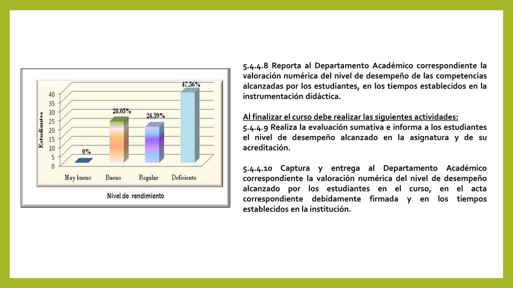 Reporta al Departamento Académico correspondiente la valoración numérica del nivel de desempeño de las competencias alcanzadas por los estudiantes, en los tiempos establecidos en la instrumentación didáctica.