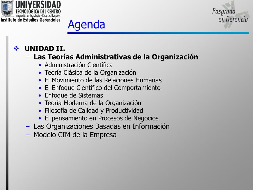 Agenda UNIDAD II. Las Teorías Administrativas de la Organización
