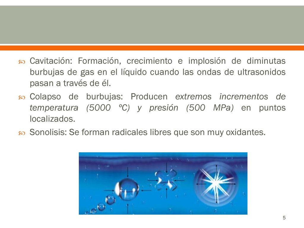 Cavitación: Formación, crecimiento e implosión de diminutas burbujas de gas en el líquido cuando las ondas de ultrasonidos pasan a través de él.