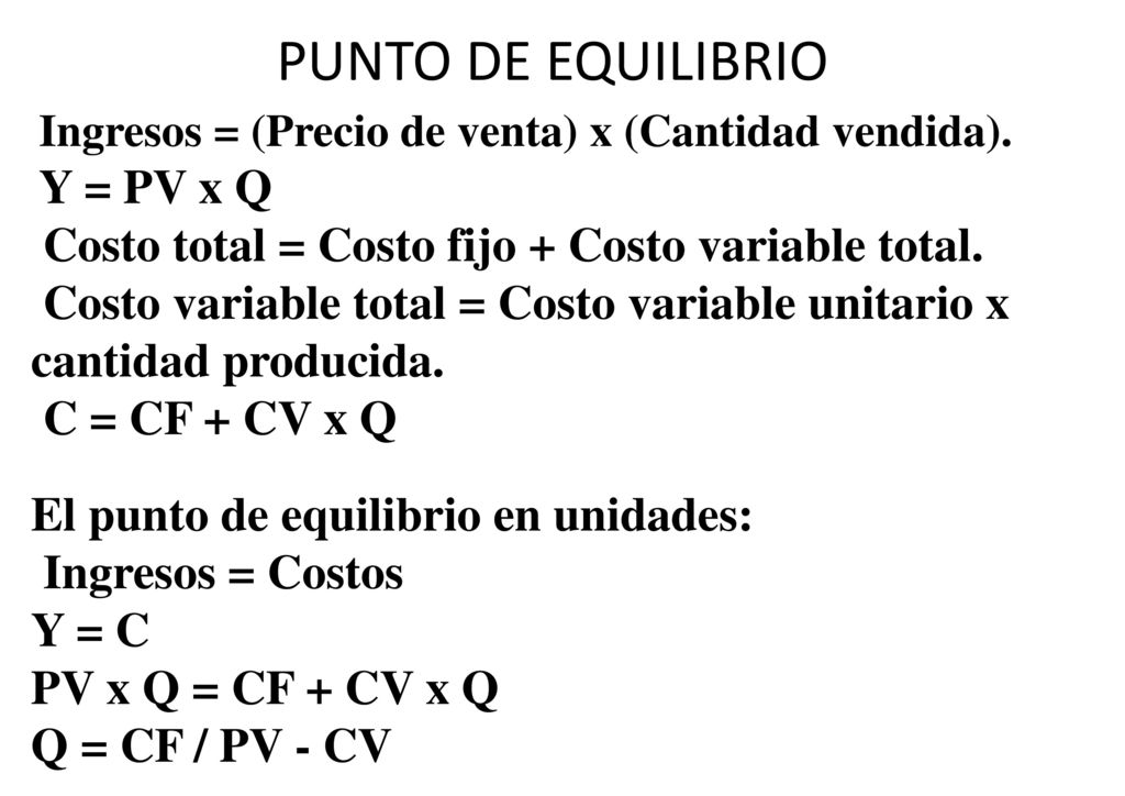 PUNTO DE EQUILIBRIO Costo total = Costo fijo + Costo variable total.