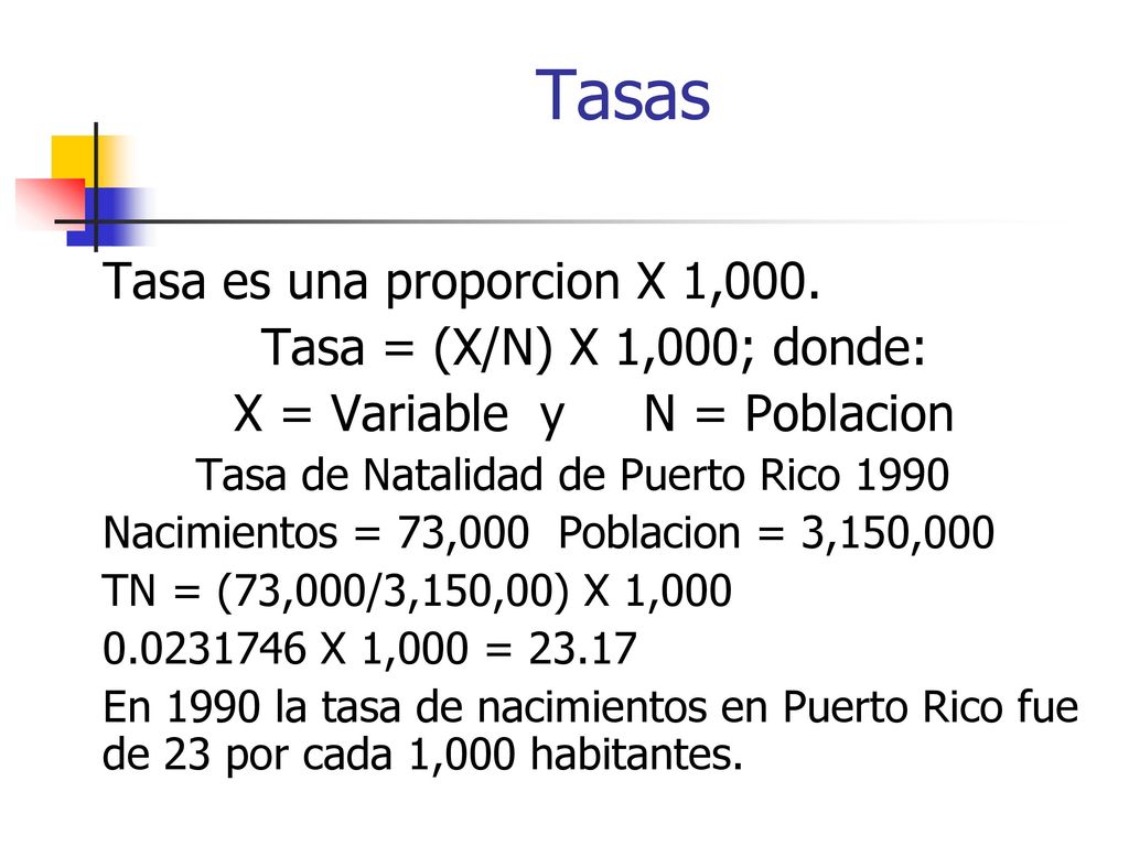 Tasas Tasa es una proporcion X 1,000. Tasa = (X/N) X 1,000; donde:
