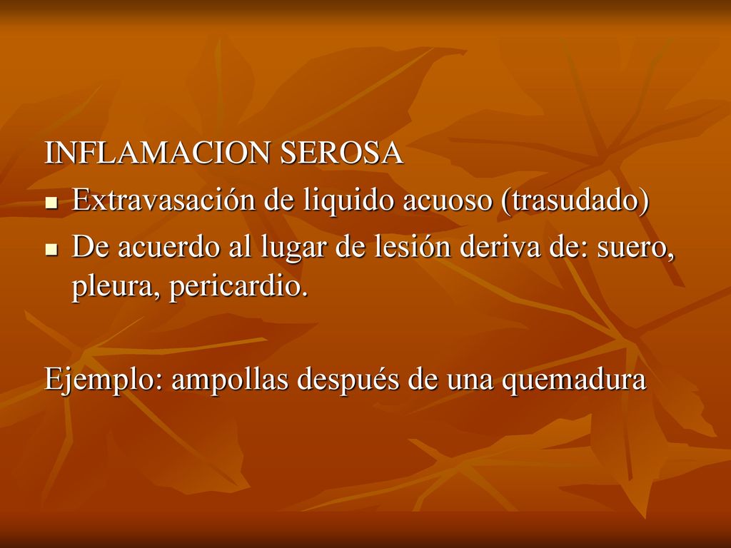 INFLAMACION SEROSA Extravasación de liquido acuoso (trasudado) De acuerdo al lugar de lesión deriva de: suero, pleura, pericardio.