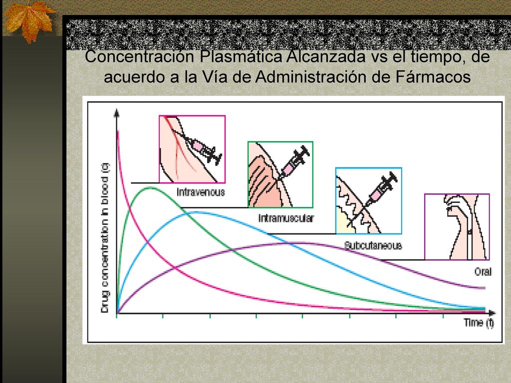 Concentración Plasmática Alcanzada vs el tiempo, de acuerdo a la Vía de Administración de Fármacos