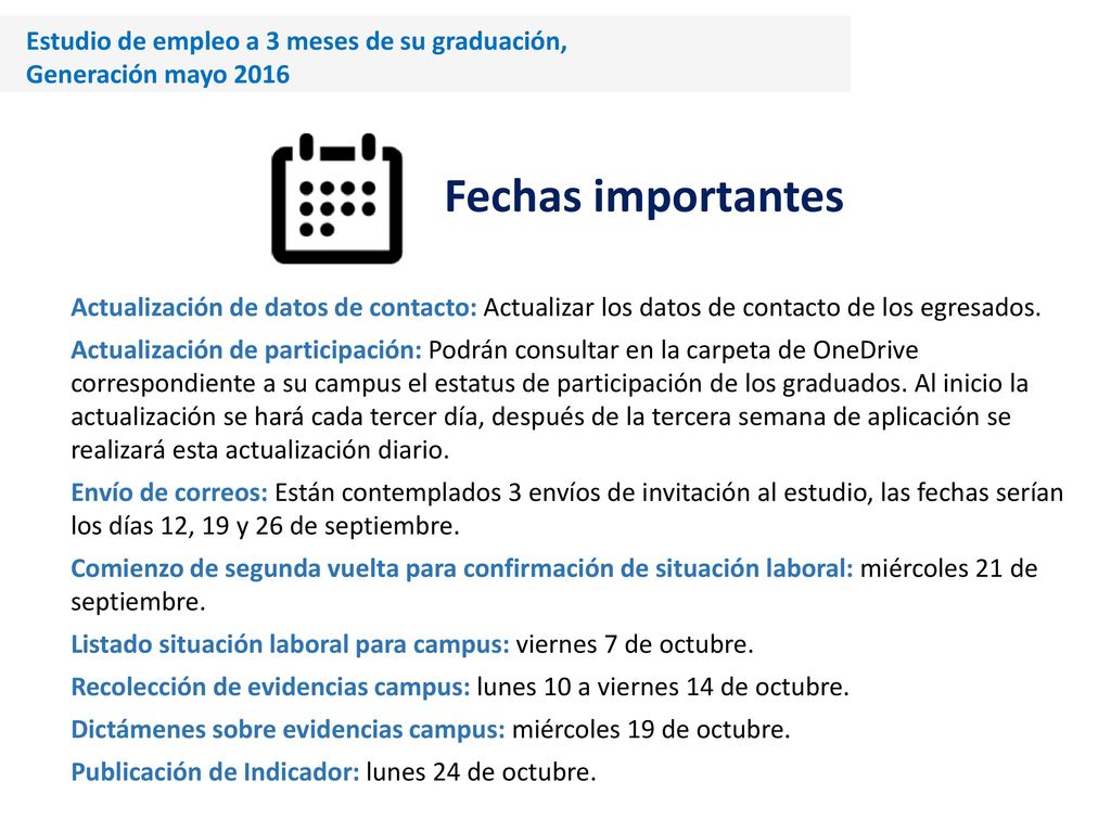 Fechas importantes Estudio de empleo a 3 meses de su graduación,