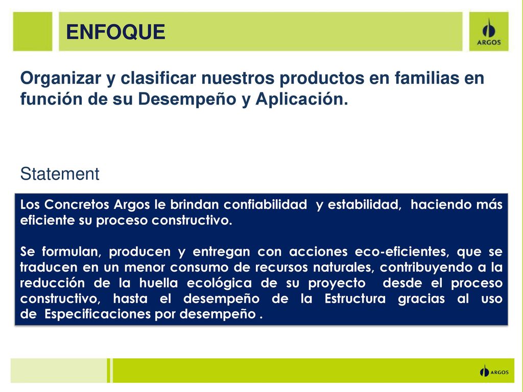 ENFOQUE Organizar y clasificar nuestros productos en familias en función de su Desempeño y Aplicación.