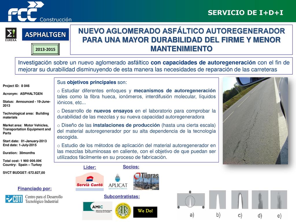 Construcción SERVICIO DE I+D+I. NUEVO AGLOMERADO ASFÁLTICO AUTOREGENERADOR PARA UNA MAYOR DURABILIDAD DEL FIRME Y MENOR MANTENIMIENTO.