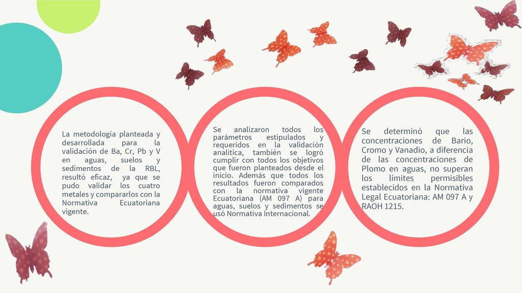 Se analizaron todos los parámetros estipulados y requeridos en la validación analítica, también se logró cumplir con todos los objetivos que fueron planteados desde el inicio. Además que todos los resultados fueron comparados con la normativa vigente Ecuatoriana (AM 097 A) para aguas, suelos y sedimentos se usó Normativa Internacional.