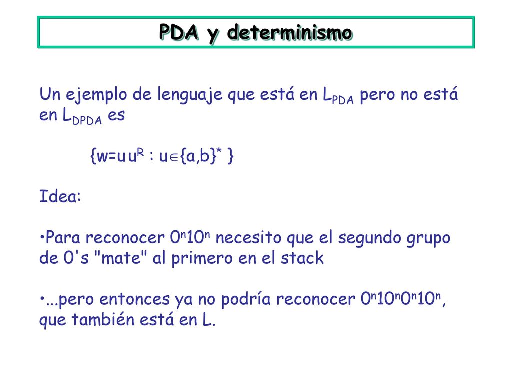 PDA y determinismo Un ejemplo de lenguaje que está en LPDA pero no está en LDPDA es. {w=u uR : u{a,b}* }