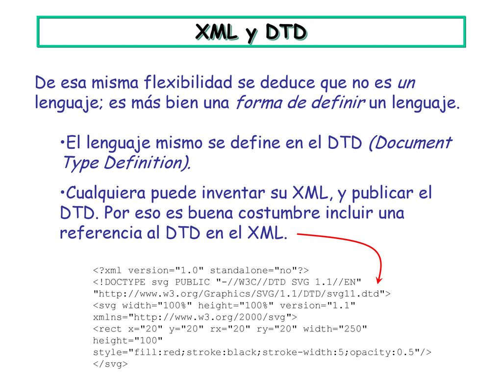 XML y DTD De esa misma flexibilidad se deduce que no es un lenguaje; es más bien una forma de definir un lenguaje.